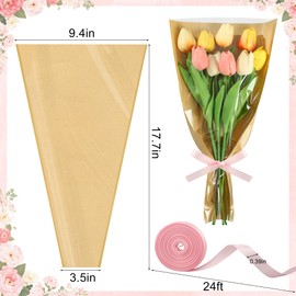 30 PCS Flower Wrapping Bags for Bouquets 17.7 x 9 Inch Floral Packing Sleeves with Ribbon Kraft Paper Flower Sleeves for Valentines Mother's Day Birthday Wedding Graduation Gift Florist Wrap Supplies
