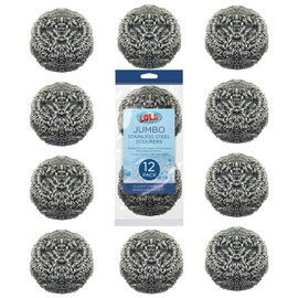Stainless Steel Wool Scourer -Jumbo Sized- 12 Pack, 35 Grams, by LOLA, Curled Flat Wire, Cleans Caked On & Baked On Messes on Cookware