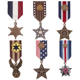 WEBEEDY 6 Pcs Military Hero Medals Badge Gothic Star Dangle Pendant Brooch Pins Costume Military Hero Combat Medals Brooch Military Medal Accessories for Women Men Jacket Uniform Costume, Metal, no