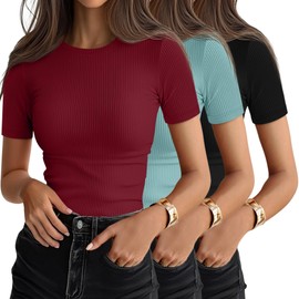 Ficerd 3 Pack Women's Ribbed T-Shirts, Cotton Short Sleeve Basic Tees Crew Neck Fitted Tops Summer Casual Shirts 2025 Trendy(Black, Gray Green, Wine Red,X-Large)