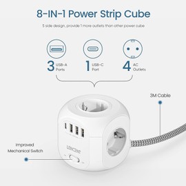 LENCENT LENCENT 4 Fach Steckdosenleiste Steckdosenw??rfel Mehrfachsteckdosen 8 in 1 Cube Steckdose Steckerleiste mit 3 USB, 1 Typ-C, USB Mehrfachstecker mit 3 Meter Geflochtenem Kabel f??r Wandsteckdose