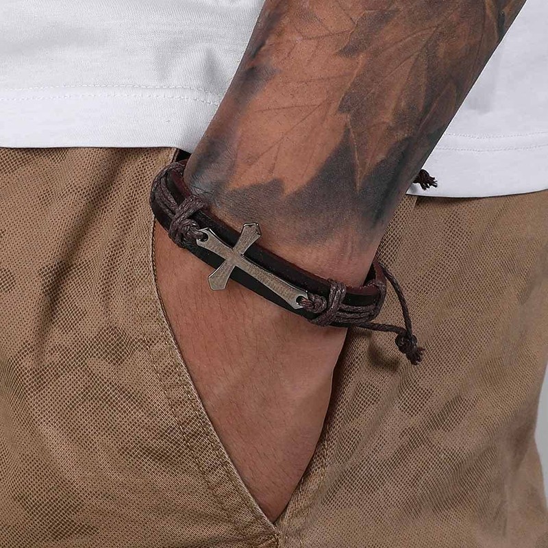 Branets Mens Leather Bracelet Bible Text Cross Bracelet Adjustable Wristband