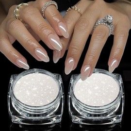 GZMAYUEN 2 Boxes Pearl White Nail Powder - Glazed Donut Chrome Powder for Nails - Pearlescent Iridescent Gel Cromer Nail Powder