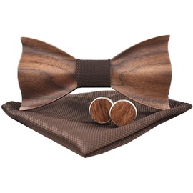 Good partner Wooden bow tie men's wooden bow tie men's classic 3D embossed wooden bow tie set plaid square scarf cufflinks casual solid wood environmental protection set. - brown