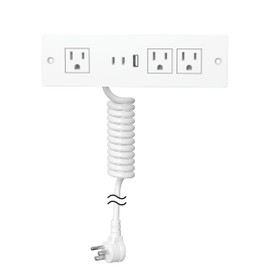 Furniture Drawer Outlet, Recessed Power Strip with (3) PD 20W USB Ports Fast Charging & (3) 15 Amp AC Outlets, (14 AWG) 5 FT White Spring Cord
