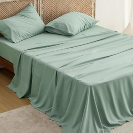 Bedsure Cooling Sheets for Queen Size Bed Set, Polyester & Rayon Derived from Bamboo, Breathable & Wrinkle Free, Silky Soft with 16 Inch Deep Pocket Bed Sheets - Sage Green