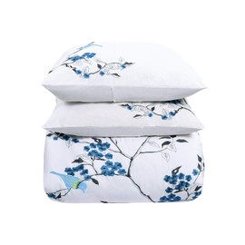 Superior Cherry Garden Cotton 200 Thread Count Duvet Cover Set, Comforter Cover, Bed Essentials, Embroidered Cherry Tree with Birds, Includes 1 Duvet Cover, 2 Pillow Shams, Full/Queen, Blue