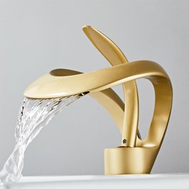 Generic Waterfall Faucet Brushed Gold Single Handle 1-Hole Bathroom Sink Faucet Semi Curved Design Vessel Sink Faucet for Modern Bathroom Kitchen Vanity, LCC0039-Gold