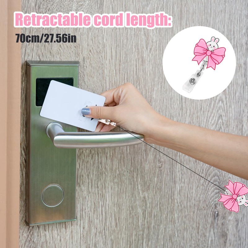 Pink Bow ID Card Holder, Pink, Cute Retractable Badge Holder