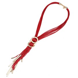 Strands of Leather Rope Necklace Red Gold Brass Earrings approximately 50 cm long stainless steel adjustable