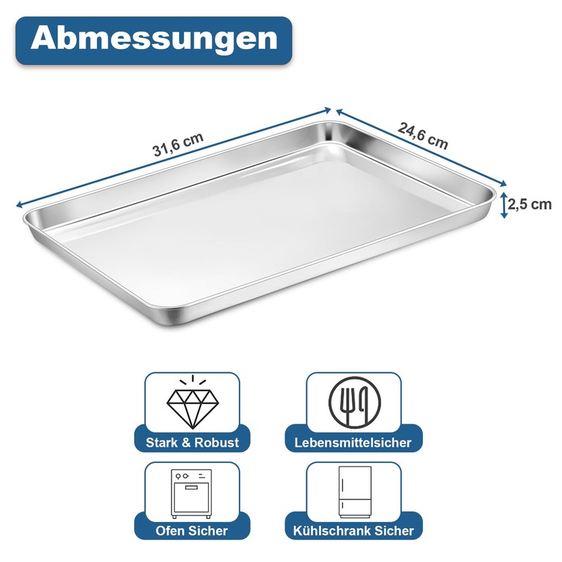 Teamfar Rectangular Baking Tray, Cake Tray, Stainless Steel, 31.6 x