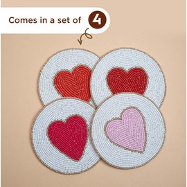 Folkulture Beaded Coasters for Drinks Set of 4 or Coffee Table, 4" Round Decorative Bar Coasters for Table Décorations, Cute Valentine's Day Coasters Set of 4 | Valentine Gifts for Her and Women
