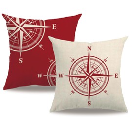 7COLORROOM Set of 2 Nautical Throw Pillow Covers Coastal Sailing Anchor/Compass Cushion Cover Ocean Theme Beach House Decor Pillowcases 18”x18” for Sofa Couch Patio(Red)