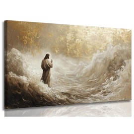 Jesus Walking on Water Canvas Wall Art Christian Walking With God Paintings Pictures Wall Decor Religious Bible Stories Printing Artwork for Living Room Bedroom Church Home Decoration Ready To Hang