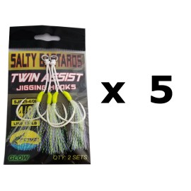 PROYAKER Salty Bastards Glow Twin Assist Hooks Set of 2 by PROYAKER,  lot also available  - 4/0 Long Line Glow 5 packs of 2 sets each