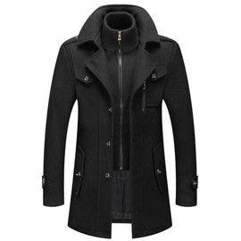 chouyatou Men's Gentle Layered Collar Single Breasted Quilted Lined Wool Blend Pea Coats (X-Large, B-Black)