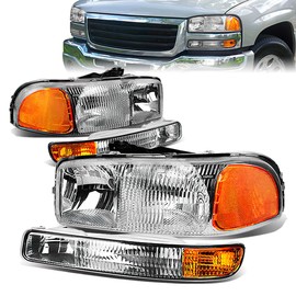 Headlight Assembly Compatible with GMC Sierra 1500 1999-2007, Sierra 2500 HD 3500 HD C3 Yukon 2001-2007 Chrome Housing Amber Corner Left Right Headlamp Set 15850352 15850351 GM2503188 GM2502188