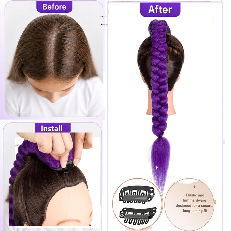 26inch Long Purple Braid Hair Ponytail Easy Clip In Purple