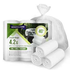 Bolsas de basura pequeñas de 4 galones, 105 unidades, resistentes a roturas y fugas, bolsas de basura pequeñas para baño, forro para canasta de basura blanca - 40% más gruesas que las marcas de rollos