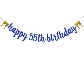 Happy 55th Birthday Banner, Pre-Strung,Blue Glitter Paper Garlands Banner for 55th Birthday Party Decorations Supplies, Letters Blue,Betteryanzi
