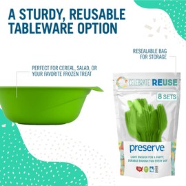 Preserve Reusable BPA Free Everyday Tableware Set with Cutlery Made from Recycled Plastic: 4 Plates, 4 Bowls, 4 Cups and 24 pieces of Cutlery, Apple Green
