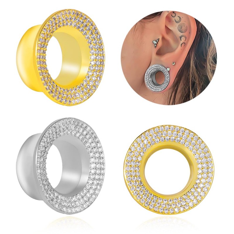 Vankula 2PCS Cubic Zirconia Ear Tunnels Plugs 316L Stainless Steel