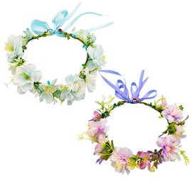 Efficewery Boho Flower Crown for Women, Adjustable Bridal Floral Headband for Weddings Festivals Photoshoots - Handmade Faux Flower Leaves Hair Accessory for Women (Blue+Purple, Adjustable)