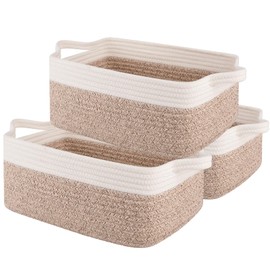 OIAHOMY 3 Pack Storage Baskets for Organizing, Woven Cotton Rope Basket for Shelves, Closet Organizer Bins with Handles, Rectangle Toy Organization, 13.78''×9.84''×5.5'', Brown & White