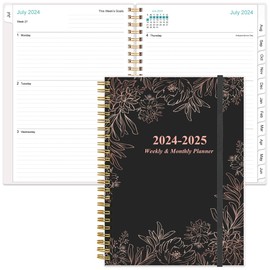 2024-2025 Planner - Weekly Monthly Planner Spiral Bound from July 2024 to June 2025, Academic Planner 2024-25 with 12 Monthly Tabs, Inner Pocket, Elastic Closure, Black Flowers