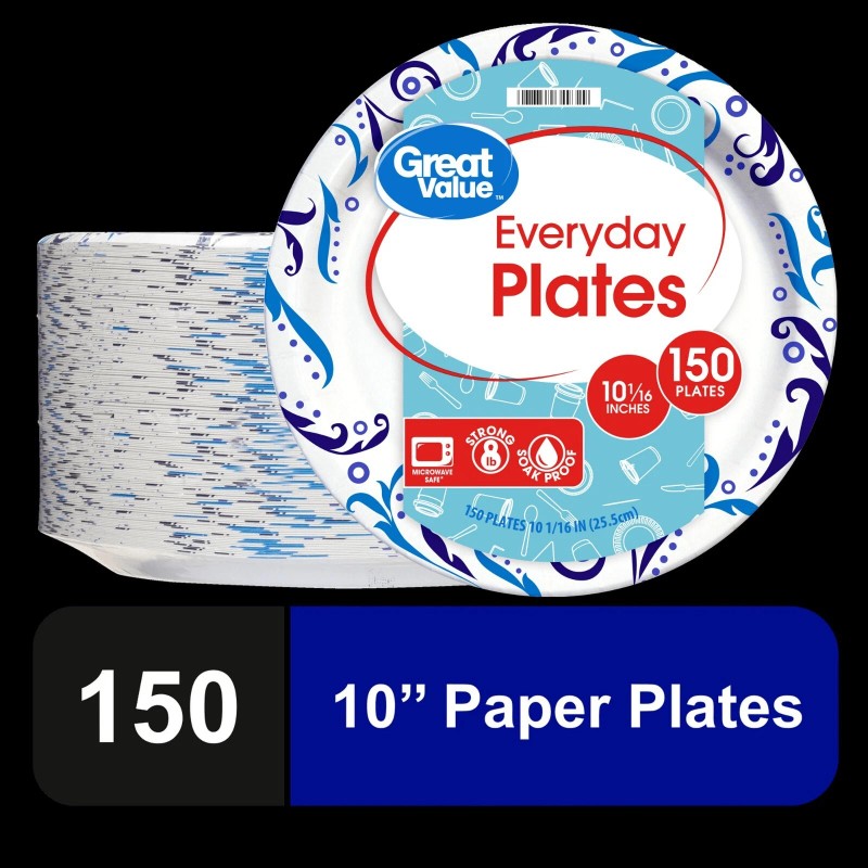 Great Value Everyday Disposable Paper Plates, 10", 150 Count