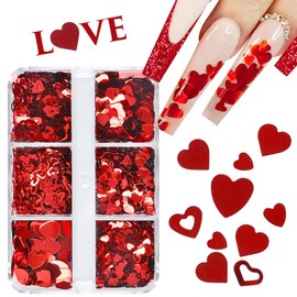 CEWEWP 6 Grids Red Heart Nail Glitter Sequins Holographic Heart Nail Art Stickers Love Nail Decals Valentine's Day Nail Glitter Flakes Heart Nail Designs Glitter for Acrylic Nail Art Decorations