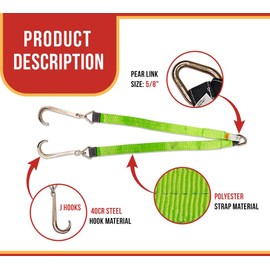 Mytee Products 3" x 48" V Bridle Tow Straps w/ 15" J Hook, Hi-Viz Green Polyester Webbing, 5400 lbs WLL, Recovery V Strap w/Reinforced Webbing for Towing, Wrecker, Rollback, Car Hauler