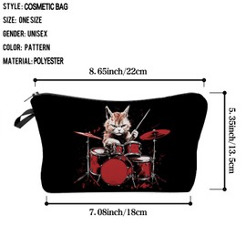 Livel lhood Cat Drummer Makeup Bag Drum Set Small Cute Organizer Bag Zipper Pouch Rock 'n' Roll Cat Plays the Drum Print Cosmetic Bag Present for Cat Lovers Drummer Women Friends