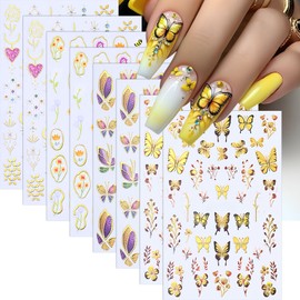 8Pcs Butterfly Nail Stickers for Nail Art, Star Moon Gold Flowers Nail Decals Colorful Gold Floral Nail Art Stickers 3D Self-Adhesive Metal Butterfly Nail Supplies for Women Girls DIY Charms