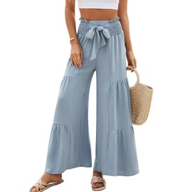 Blooming Jelly Women Linen Pants Summer Vacation Outfits Wide Leg High Waisted Pants Palazzo Flowy Pants Trouser 2024(M, Haze Blue)