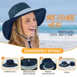Waterproof Sun Hats for Women UV Protection Fishing Hat Wide Brim Safari Hats 2 in 1 Snap-Button Flodable Bucket Hat Outdoor Navy Blue