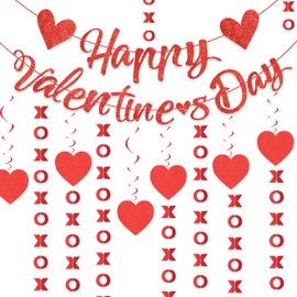 Valentine's Day Decoration Sets, 2Pcs Valentine's Day Banner, 9Pcs Valentine's Day Garland and 6Pcs Heart Hanging Swirls Romantic Valentine Decoration for Wedding Birthday Valentine's Day