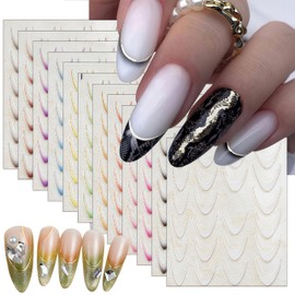 12Sheets Gradient French Tips Line Nail Stickers 3D Self-Adhesive Colorful Stripes Line Transfer Decals Curved Lines Nail Art Designs Nail Tips Manicure Accessories for Women Nail Art Decorations