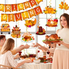 Friendsgiving Party Decorations,Thanksgiving Party Decorations Includes Friendgiving Banner and Fall Turkey Decorations Hanging Swirls for Friendsgiving Decorations Indoor