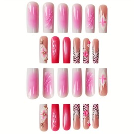 24Pcs French Tip Press on Nails Long Coffin Fake Nails with 3D Flower Design Summer Floral Nails Pink Gradient Nails Press ons Acrylic Reusable False Nails Kit Full Cover Stick on Nails for Women