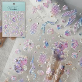CESTSIREN Mermaid Aurora Nail Stickers, Shell Pearl Nail Decals, Self-Adhesive, Summer Nail Accessories & Supplies, Durable & Long-Lasting