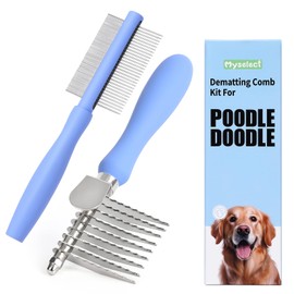 Myselect Dematting Comb for Doodles & Poodles, Dual-Sided Comb Tool for Long Curly Haired Dogs, Grooming Brush Kit for Removing Mats and Tangles, Stainless Steel, Beech Wood