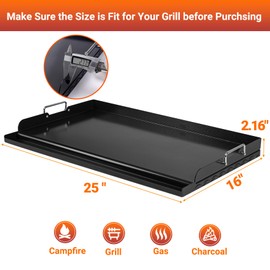 Skyflame Nonstick Griddle Top for Gas Grill, 25"x16" Large Cooking Area Flat Top Griddle with Grease Groove and High Sidewalls, Fit for Camping, Tailgating, Parties