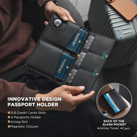VULKIT Portapasaportes Familiar para 4 Personas Cartera de Pasaporte de Cuero con Ranura para Airtag Múltiples Portapasaportes con Bloqueo RFID Organizador de Documentos de Viaje Bifold