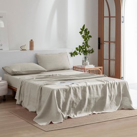 EVERLY Linen Sheets Set California King Size,100% French Stonewash Linen Sheets Set,4Pieces (1Flat Sheet,1Fitted Sheet,2Pillowcase) Suitable for Hot Sleepers,Deep Pocket Natural Bedding Set-Linen