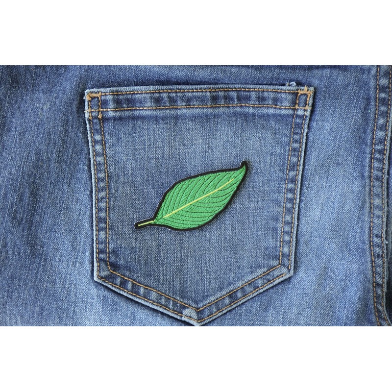 Green Leaf Patch - 3x1.25 inch. Embroidered Iron on Patch