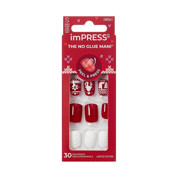 KISS imPRESS Holiday Press On Nails, ‘Feelin' Festive’, Red, Short