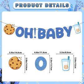 Oh Baby Banner Blue Glitter with Hanging Swirls Stickers, Milk and Cookies Baby Shower Decorations Party Supplies
