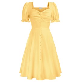 Belle Poque 2024 Summer Puff Short Sleeve Cottagecore Dress Vintage 1950s Swing Dresses Yellow 2XL
