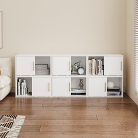 May in Color 6 Cube Bookshelf, Stackable Cubby Storage Organizers, Open Shelf Bookcase with Sliding Door, White Wood Bookshelves for Living Room, Bedroom and Apartment, Wall Mounted